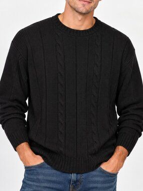 VTG Ron Chereskin Men’s Black Cable Knit Fisherman Warm Chunky Sweater Sz Medium